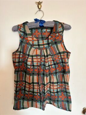 Y2k cotton women’s Plaid Sleeveless top- Green & Orange, size small/medium